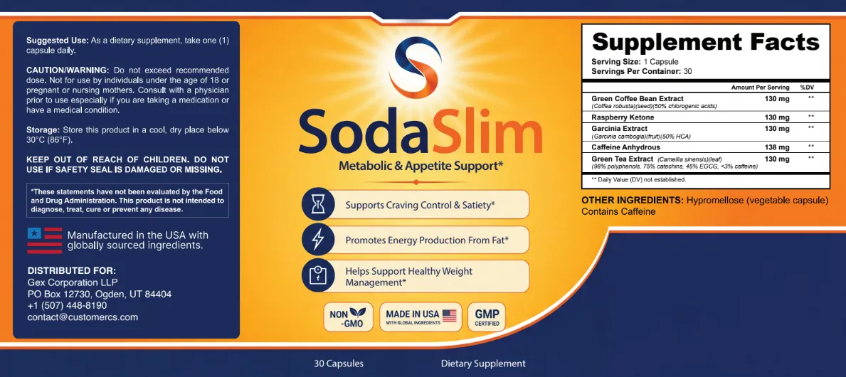 SodaSlim Supplement Facts label: Green Tea Leaf Extract, Green Coffee Bean Extract, Caffeine Anhydrous, Garcinia Cambogia and Raspberry Ketone
