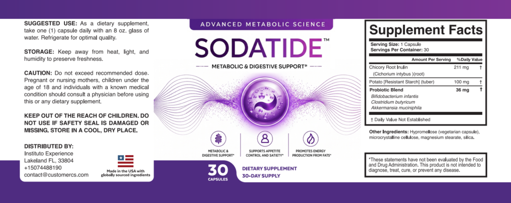 SodaTide Supplement Facts label: Potato Resistant Starch, Probiotic Blend and Chicory Root Inulin